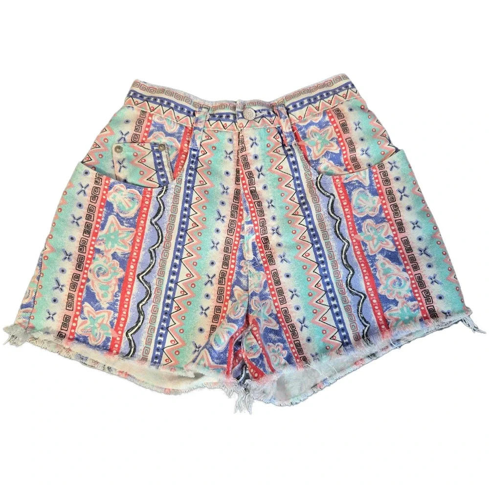 Vintage Mixed Blues 90s High Waist Tribal Print Denim Shorts Sz 5 Made in USA
